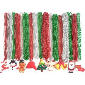 100 Pack Christmas Bead Necklaces, Metallic Red Silver Green Mardi Gras Beads Necklaces With Cute Xmas tree Snowman Santa Claus Pendants For Christmas Party Decoration