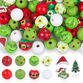 232Pcs Christmas Wooden Beads with Jute Twine Red Green Round Craft Beads Hanging Santa Christmas Tree Deer Candy Snowman Beads for Xmas DIY Party Hanging Ornament Supplies