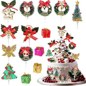 14pcs Christmas Cake Toppers Decoration with Grass Circle Leaves Sika Deer Christmas Tree Gift Package Birthday Baking Dessert Party Christmas Cupcake Supplies
