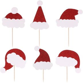 NOLITOY 36pcs Christmas Hat Cake Topper, Cake Insert Card Fruit Toothpick for Xmas Theme New Year Holiday Party Decorations