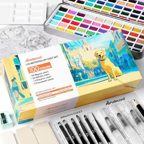 Watercolor Paint Set 100 Colors, Travel Sized Portable Box, Watercolor Paint Kit for Beginners and Professionals, with Brushes and Palette, Art Supplies Set for Artists Teens Kids Adults