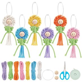 BEUNITONE DIY Macrame Flower Keyring Kit for Adults Beginners 6 Set Colorful DIY Flower Macrame Plant Hangers Macrame Wall Decor Macrame Supplies with Video Instructions for Purse Wallet Decor