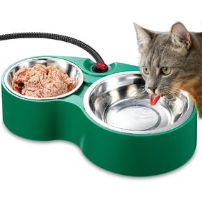 Heated Cat Bowl - KOKOPRO for Outdoor Heated Pet Bowl Stainless Steel Heated Water Bowls Food Warmer, Double Heated Pet Bowl for Feral Cat Feeding Station Provide Non Freezing Water in Winter (Green)