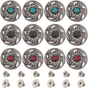 GORGECRAFT 1 Box 12Pcs Screw Back Buttons 27mm/1" 3 Colors Turquoise Coin Navajo Concho Buttons Snap Fasteners Metal Buttons Replacement Vintage Flower Pattern Alloy Buckle for DIY Sewing Bag Clothes