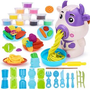 44PCS Cow Noodle Maker Play Color Dough Set, Ice Cream Machine Kitchen Creations Cow Model Clay Playset for Toddler Kids Ages 3-8