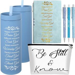 6 PCS Christian Gift for Women Includes 16 Oz Tumbler Be Still and Know Makeup Bag Bible Religious Notebook and Pens, Christmas Pastor Appreciation Gifts for Sunday School Church Welcome