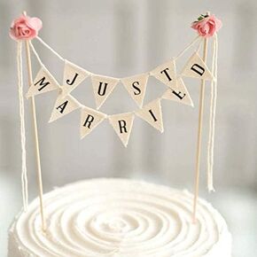 Wedding Cake Topper,Family Party Cake Topper,Vintage Affair Rustic Just Married Wedding Cake or Cheese Bunting,Handmade Pennant Flags with Wood Pole Ivory (4)
