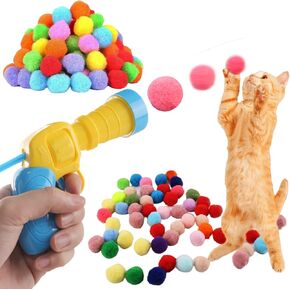 Funny Interactive Cat Toy Ball Launcher Gun with 100 Pcs Cat Pompom Ball & 3 Ping-Pong Pinballs Kitten Toys Launcher Cat Plush Silent Ball Gun Interactive Toy Cat Toys