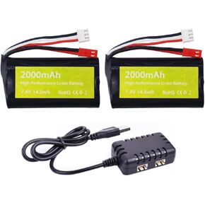 Fytoo 2PCS 7.4V 2000mah 15C 2S JST-2P Plug Lipo Battery with 2-in-1 Charger for UDIRC UD1601 UD1602 UD1604 UD1607 SG1603 SG1604 RC High Speed RC Car Boat Drone huina Engineering Vehicle Spare Battery