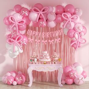 Pink Bow Birthday Decorations for Adults and Women with White Light Pink Long Balloons Happy Birthday Banner Pink Fringe Curtains for Bow Themed Coquette Birthday Decorations