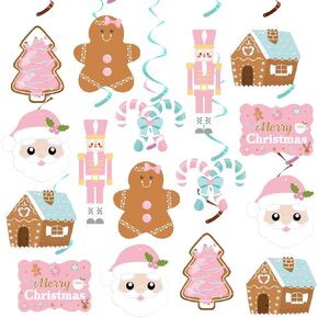 K KUMEED 20 Pcs Gingerbread Man Theme Party Hanging Swirls Ceiling,Pink Cute Christmas Party Hanging Swirls Foil Ceiling Decor for Birthday Baby Shower Xmas Party Decor