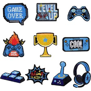 10 Pcs Video Game Embroidery Patches, Blue Pixelated Gaming Sew Iron on Embroidered Applique Repair Patch DIY Craft Accessories, Collection Merch Gifts for Clothing Backpack Hat