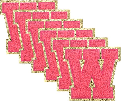 uxcell 6pcs Glitters Chenille Letter Patches 8.4cm / 3.3" Chenille Iron-On Letter Patches Applique for Clothing Hats Jeans Shoes Bags (Rose Pink, Letter W) in Saudi Arabia
