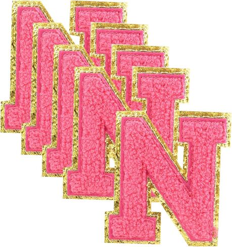 uxcell 6pcs Glitters Chenille Letter Patches 8.4cm / 3.3" Chenille Iron-On Letter Patches Applique for Clothing Hats Jeans Shoes Bags (Rose Pink, Letter W) in Saudi Arabia