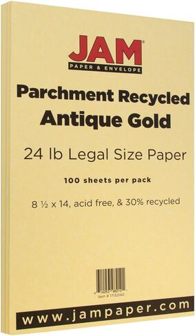 ورق JAM PAPER القانوني بوزن 24 رطل - 90 جرامًا لكل متر مربع - 8.5 × 14 - ذهب عتيق مُعاد تدويره - 100 ورقة/عبوة in Kuwait