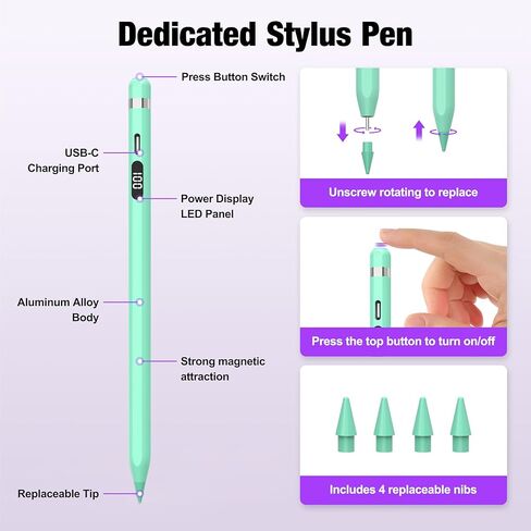 قلم شاشة لجهاز Apple iPad، شحن X-Fast لمدة 10 دقائق، شاشة بطارية لجهاز iPad Stylus Pencil متوافق مع iPad 6/7/8/9/10th، iPad Pro 11/12.9"، iPad Mini 5/6th، iPad Air 3/4 /الخامس (السماء الزرقاء) in Kuwait