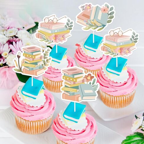 Jollyboom Storybook Baby Shower Decoration Girl, 24pcs Storybook Theme Cupcake Topper Pink Book Reading Double-Sided Printing Cake Decoration for Storybook Book Baby Shower Birthday Party Decoration in Saudi Arabia