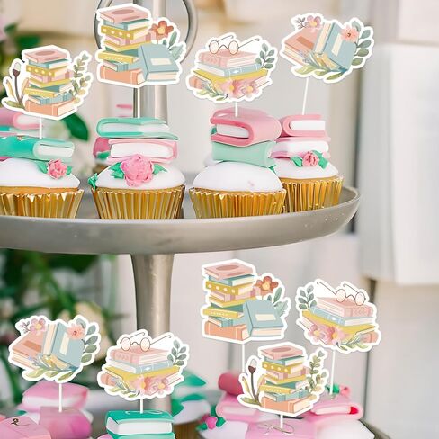 Jollyboom Storybook Baby Shower Decoration Girl, 24pcs Storybook Theme Cupcake Topper Pink Book Reading Double-Sided Printing Cake Decoration for Storybook Book Baby Shower Birthday Party Decoration in Saudi Arabia