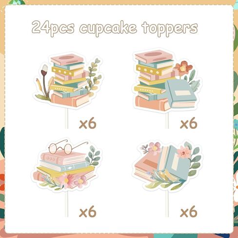Jollyboom Storybook Baby Shower Decoration Girl, 24pcs Storybook Theme Cupcake Topper Pink Book Reading Double-Sided Printing Cake Decoration for Storybook Book Baby Shower Birthday Party Decoration in Saudi Arabia