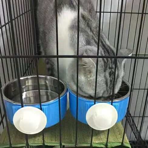 RUBYHOME Dog Bowl Feeder Pet Puppy Food Water Bowl, 2-in-1 Plastic Bowl & Stainless Steel Bowl, Removable Hanging Cat Rabbit Bird Food Basin Dish Perfect for Crates & Cages, Blue in Saudi Arabia
