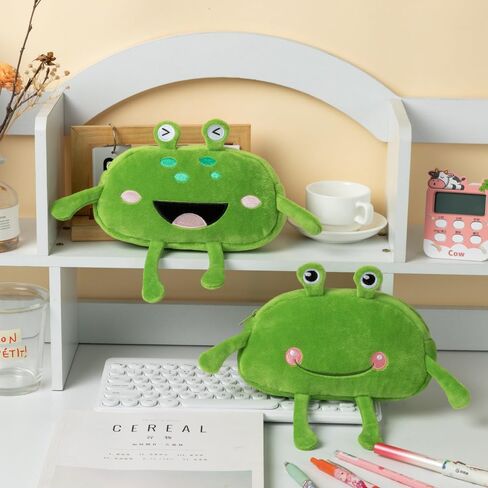 HSYHERE Cute Novelty Funny Big Eyes Big Mouth Happy Smiling Green Frog Soft Stuffed Surface Fluffy Clothes Zipper Pencil Box Pencil Case Pencil Storage Holder Pouch Pen Bag -Smilling in Kuwait