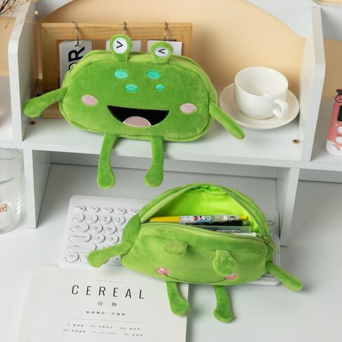 HSYHERE Cute Novelty Funny Big Eyes Big Mouth Happy Smiling Green Frog Soft Stuffed Surface Fluffy Clothes Zipper Pencil Box Pencil Case Pencil Storage Holder Pouch Pen Bag -Smilling in Kuwait
