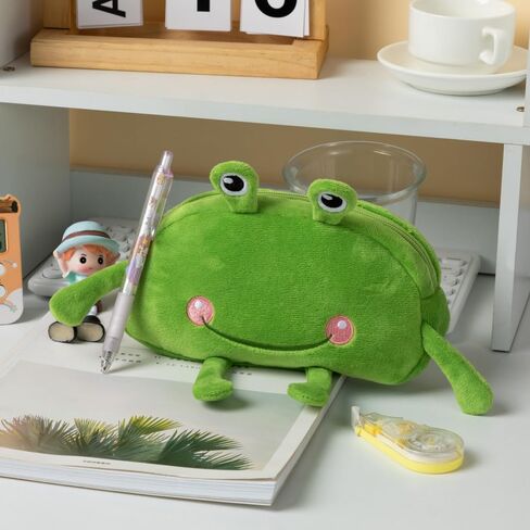 HSYHERE Cute Novelty Funny Big Eyes Big Mouth Happy Smiling Green Frog Soft Stuffed Surface Fluffy Clothes Zipper Pencil Box Pencil Case Pencil Storage Holder Pouch Pen Bag -Smilling in Kuwait