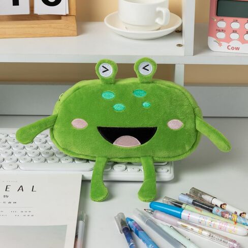 HSYHERE Cute Novelty Funny Big Eyes Big Mouth Happy Smiling Green Frog Soft Stuffed Surface Fluffy Clothes Zipper Pencil Box Pencil Case Pencil Storage Holder Pouch Pen Bag -Smilling in Kuwait