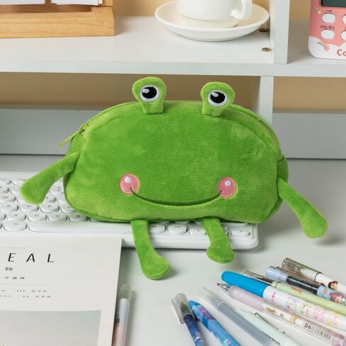 HSYHERE Cute Novelty Funny Big Eyes Big Mouth Happy Smiling Green Frog Soft Stuffed Surface Fluffy Clothes Zipper Pencil Box Pencil Case Pencil Storage Holder Pouch Pen Bag -Smilling in Kuwait