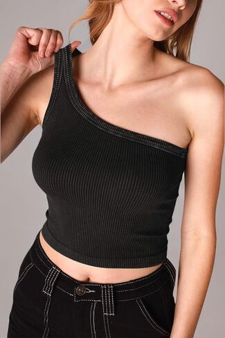 NIKIBIKI Women Seamless Vintage One Shoulder Crop Top, One Size in Kuwait