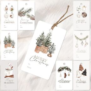 Whaline 120Pcs Merry Christmas Paper Gift Tags Xmas Boho Watercolor Blank Hanging Labels with Hemp Rope for Christmas Winter Holiday Present DIY Crafts, 8 Designs