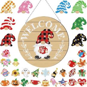 33 Pcs Spring Diamond Painting Art Magnetic Interchangeable Gnome Seasonal Welcome Sign Door Hanger with Detachable DIY Rhinestone Painting Kits Gnome Decorations for Home(Classic)