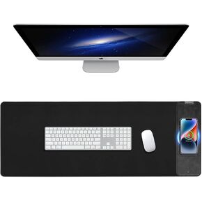Mouse Pad with Phone Holder, Wireless Charging Desk Mat, RGB Gaming Mousepad Home Office Large Desk Pad with Ultra-Smooth Surface, Non-Slip Base, Waterproof Keyboard Pad, Classic Black Desk Mat