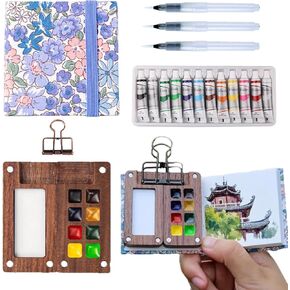 Aimery Mini Watercolor Paint Set, Miniature Tiny Compact Pocket Water Color Palette Painting Travel Kit with Sketchbook & Wooden 8 Grid Paint Box, Travel Ready Paint Palette Bundle(Lavender)