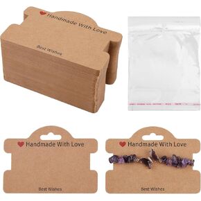 100 Sets Bracelet Packaging, Brown Bracelet Display Cards with Transparent Bags Bracelet Tags with Greetings Multipurpose Display Cards for Bracelet Necklace Hair Ties