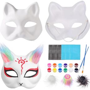 Cat Mask with Fur and Eye Mesh, 3Pcs Therian Masks, White Cat Mask to Paint, DIY Animal Mask, Paper Blank Masks for Crafts Halloween Masquerade Party Favors Face Dress Up Mask