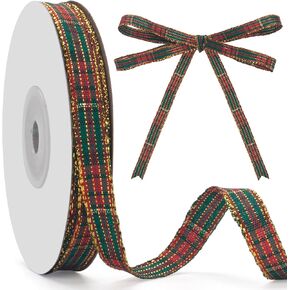 Plaid Christmas Ribbon, 25 Yard Grosgrain Stripe Ribbon, Polyester Fabric Checkered Ribbon 5/8 INCH, Woven Edge Gingham Ribbon for Gift Wrapping, Christmas Wreath, Tree Decor, Bow Making
