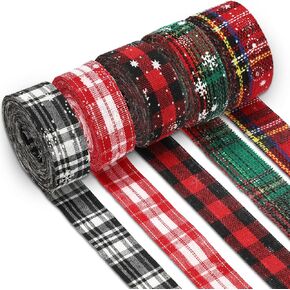 Whaline 5 Rolls 30 Yard Christmas Burlap Ribbon Rolls 1 Inch Snowflake Plaid Gift Wrapping Ribbon Winter Xmas Decorative Ribbon for DIY Crafts Wreath Bow Making Supplies