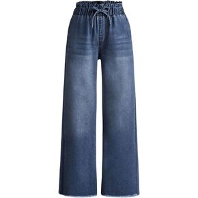Milumia Girl's Drawstring Paperbag Waist Raw Hem Jeans Straight Leg Denim Pants