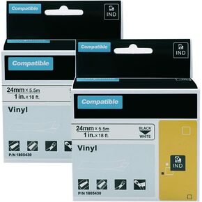 Compatible Industrial Label Tape Replacement for DYMO 1805430 1" Permanent Vinyl Label Tape for Use with DYMO Rhino 6000 6500 Industrial Label Maker, Black on White，2-Pack