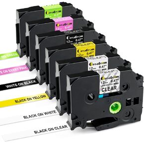 Compatible TZe Tape 12mm 0.47 Replacement for Brother P-Touch Label Maker Tape 12mm 0.47 Laminated Black on White/Clear/Red/Yellow/Blue/Green Use for PT-H110 PT-D200 PT-D210 PTD220 6 Packs