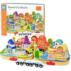 Vileafy Building Blocks for Boys and Girls Gift, 56 Pcs Wooden Blocks and Vehicles, Educational Toys for 3 4 5 6 Years Old Kids