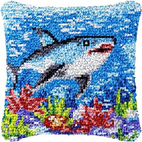 Sea Shark Latch Hook Pillow Kit for Adults Throw Pillow Cover with Printed DIY Canvas Crochet Yarn Needle Craft Easy Handmade Cushion for Home Sofa Decoration 43x43cm
