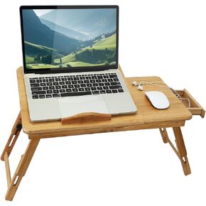 Bamboo Laptop Desk, Adjustable Bamboo Breakfast Serving Bed Tray Folding Lap Tray with Tilting Top and Drawer for Work, Surfing, Reading, Writing, Eating Food