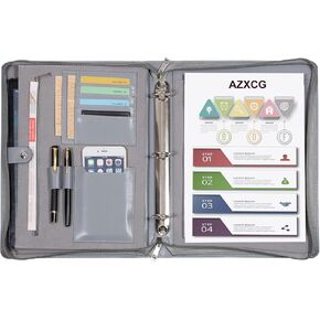 Leather Portfolio 3 Ring Binder for Women and Men,Vegan Leather Portfolio for ipad Pro 13 MacBook, Business Folder Organizer with Zipper, Notepad Holder, Folio with Tablet Sleeve Gray