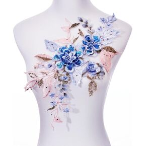 Handmade 3D Embroidered Flower Fabric Beaded Lace Applique, DIY Sewing Tool for Wedding Bridal Gown Floral Clothing Patch Decoration（Blue + Pink + Sequins）
