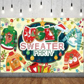HOWAF Ugly Sweater Christmas Party Decorations Backdrop Banner, Ugly Xmas Sweater Party Background Photo Booth for Christmas Winter Holiday Home Decor, 72.8 * 43.3 inch