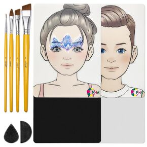 OPHIR A4 Face Painting Practice Board Set with 4 Face Paint Brushes, 2 Makeup Sponges, 4x Black White Reusable Face Paint Practice Boards, Colorful Painting Makeup Excersize Template for Beginners
