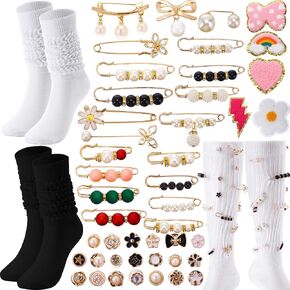 47 Pcs DIY Charms with Socks 45 Slouchy Sock Charms Pins 2 Slouchy Socks Gold Sock Charms Pins Pearl Slouchy Sock Jewelry Charms for DIY Socks Shoes Hat Clothing