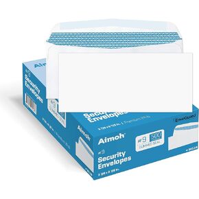 Aimoh 500#9 Security White Envelopes, GUMMED Closure, Premium Security Tint Pattern - No Window, EnveGuard, Size 3-7/8 x 8-7/8 Inches - White - 24 LB - 500 Count (30128)